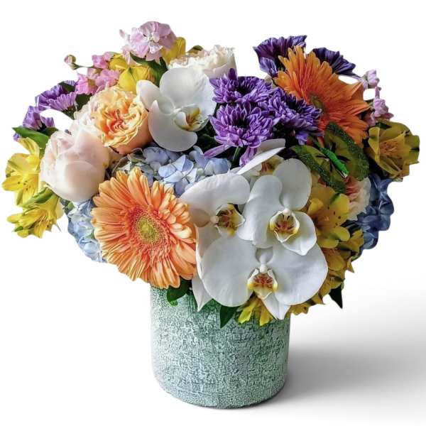 Mixed bouquet with orchids, gerbera daisies, roses, and hydrangeas in a textured vase
