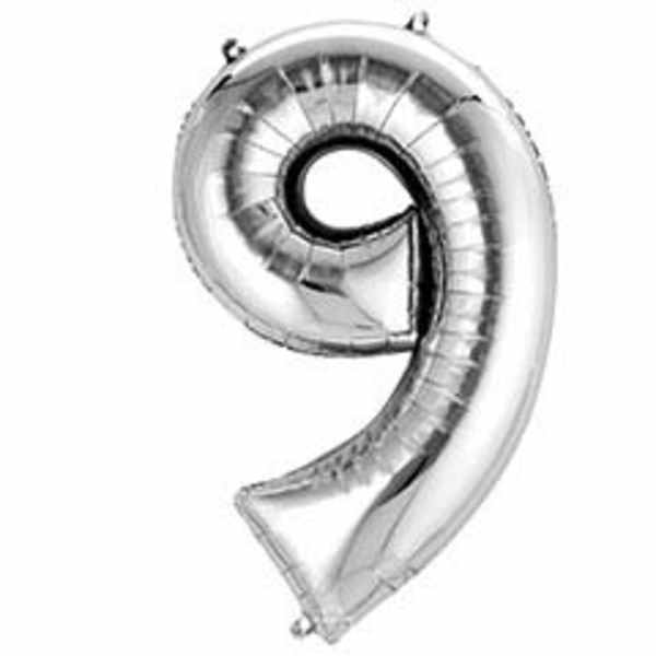 Silver foil balloon shaped like the number 9