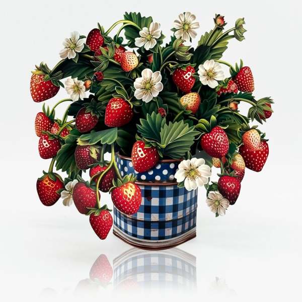 Strawberry-themed arrangement in a blue checkered tin with white flowers