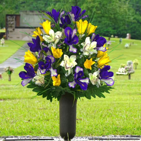 Yellow and Purple Cemetary Cone Bouquet