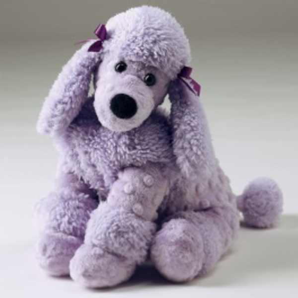 Lavender stuffed poodle toy with floppy ears and purple ribbon bows