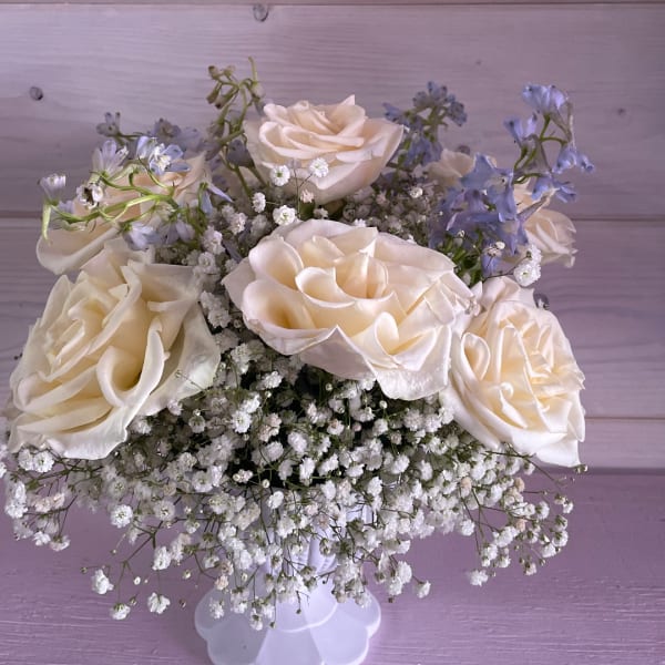 White roses with blue filler flowers in a white vase
