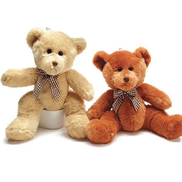 Two plush teddy bears with striped bows on a white background.