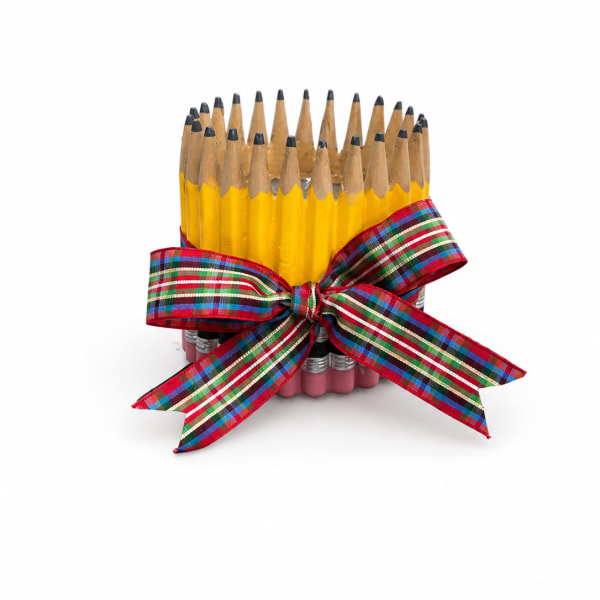 Bundle of yellow pencils tied with a plaid ribbon