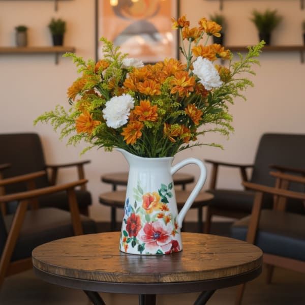 Orange and white flowers in a painted ceramic pitcher