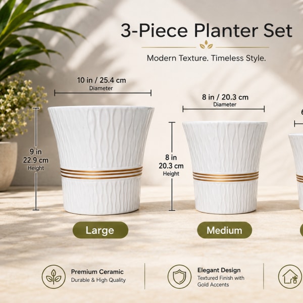 Three white textured ceramic planters in different sizes with gold bands.