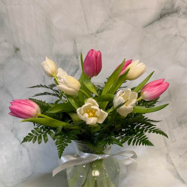 Pink and white tulips in a glass vase with a white ribbon