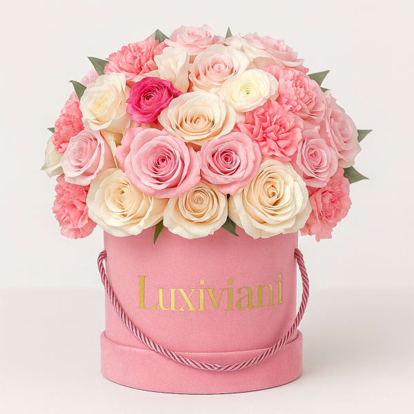 Pink and cream roses arranged in a pink hat box