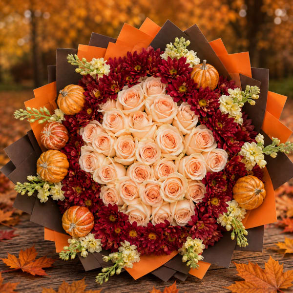 Bouquet of peach roses and burgundy daisies with small pumpkins