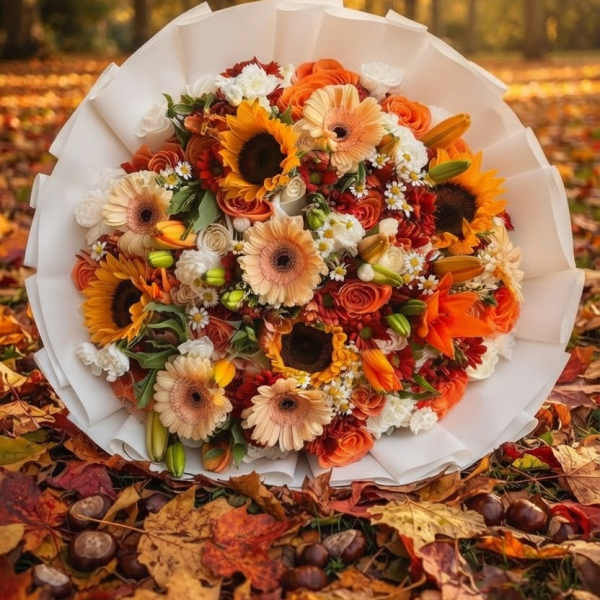 Bouquet of orange, cream, and white flowers wrapped in white paper