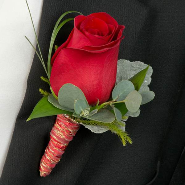 Red rose boutonniere with eucalyptus and ribbon wrap