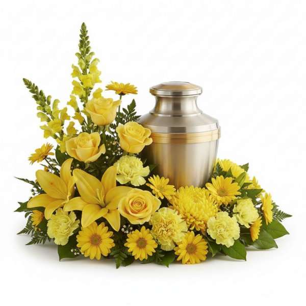 Yellow floral arrangement around a metal urn