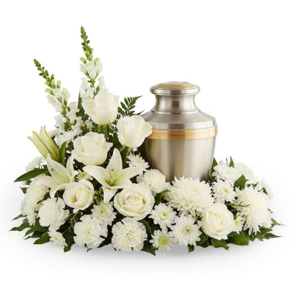 White floral arrangement with an urn-shaped metal keepsake
