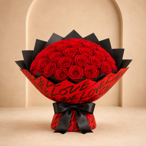 Red rose bouquet wrapped in red and black paper with a black ribbon