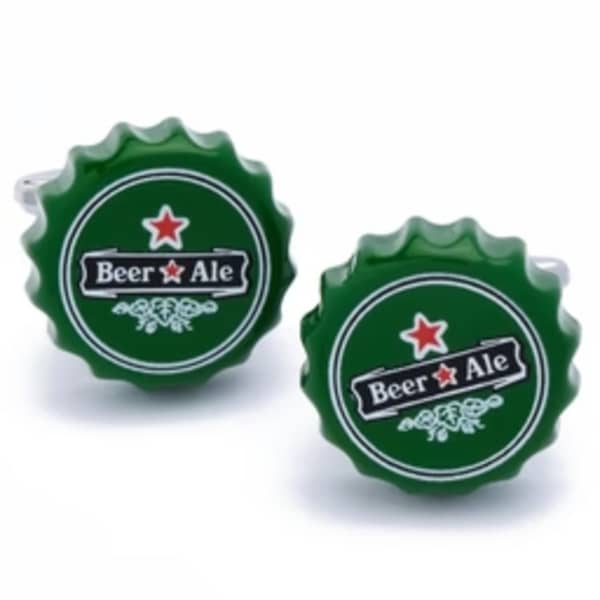Pair of green beer bottle cap cufflinks with printed labels