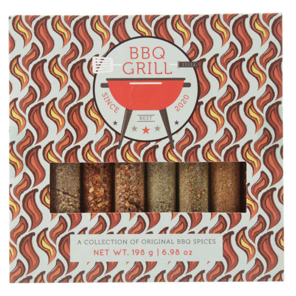 Gift box of assorted BBQ spices in tubes with red grill and flame pattern design