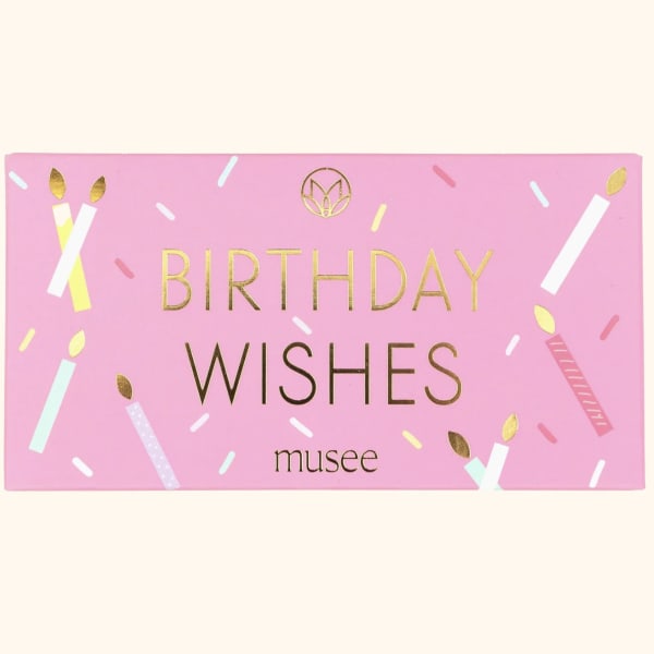 Pink birthday wishes card with gold lettering and confetti design