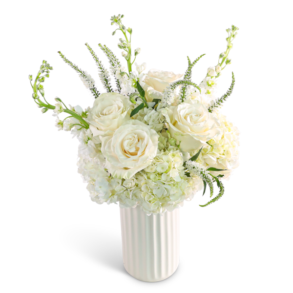White roses and hydrangeas in a white vase