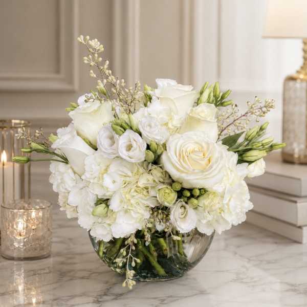 White floral arrangement in a clear glass bowl vase