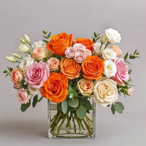Mixed roses in orange, pink, and white arranged in a clear square vase