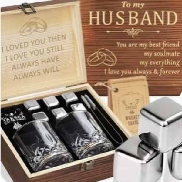Luxury Whiskey Decanter Gift Set for Husband – Wooden Box with Glasses & Accessories