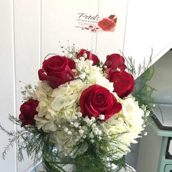 Red Roses & White Hydrangea Bubble Bowl by Petals