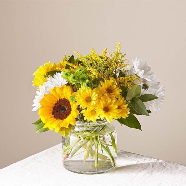 Yellow and white daisies in a clear glass vase