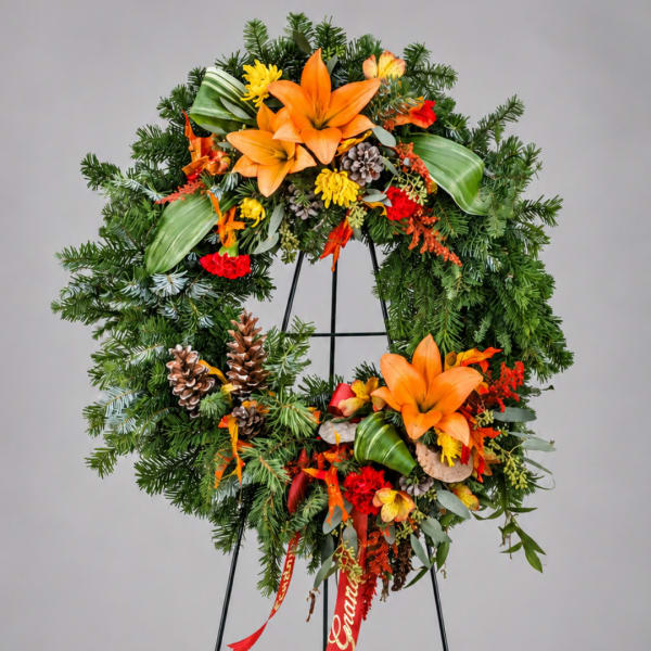 Large floral wreath with orange lilies and mixed flowers on a stand