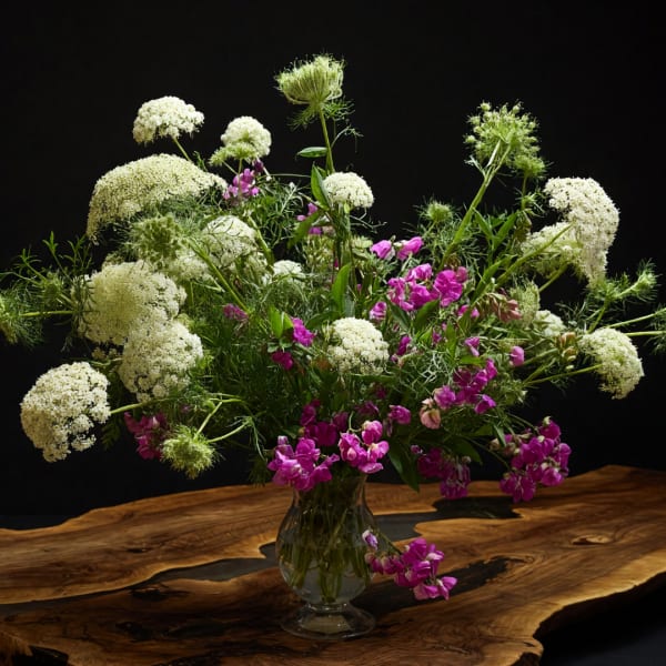 Tall bouquet of white and magenta flowers in a clear glass vase