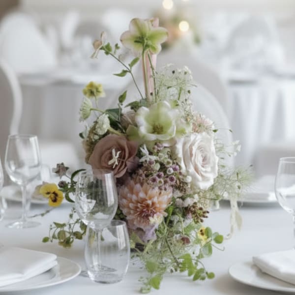Low floral centerpiece with pale roses and green blooms on a white table