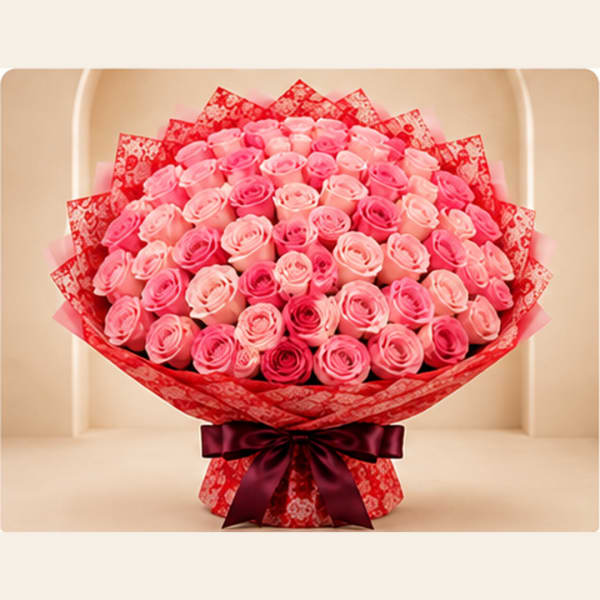Large bouquet of pink roses wrapped in red paper with a dark ribbon