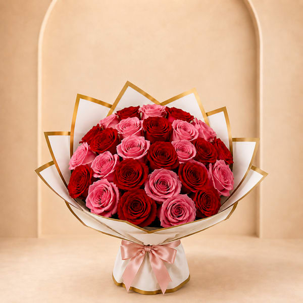 Bouquet of red and pink roses wrapped in white paper with a pink ribbon