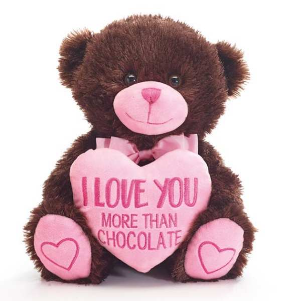 Brown teddy bear holding a pink heart with text