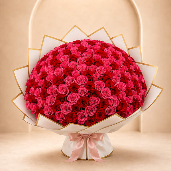 Large bouquet of pink and red roses wrapped in white paper with a pink ribbon