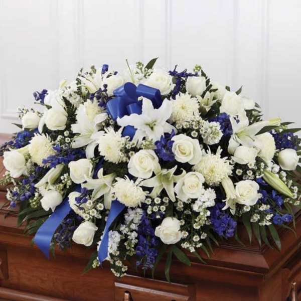 White with Blue Casket Spray