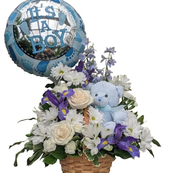 Basket of white and purple flowers with a blue teddy bear and "It's a Boy" balloon