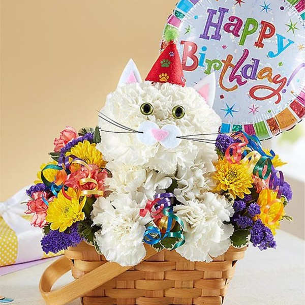 White cat-shaped flower basket with a birthday balloon