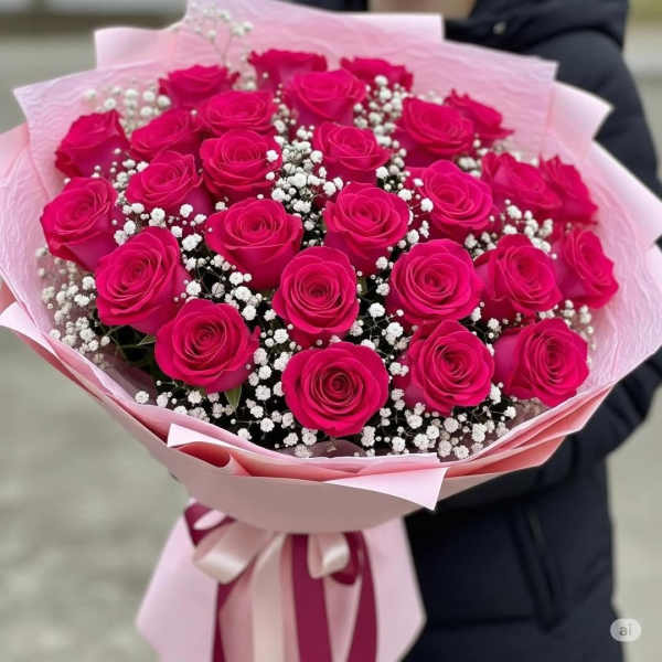 30 hot pink rose with babys breath