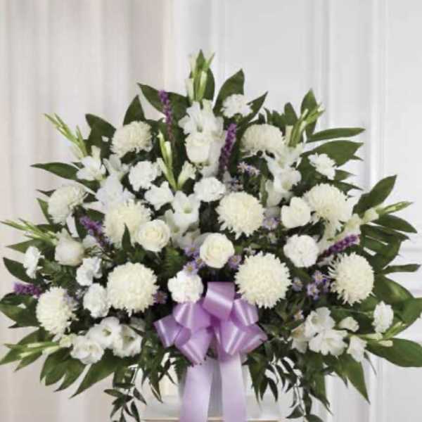 Large White with Lavender Pedestal Arrangement $325