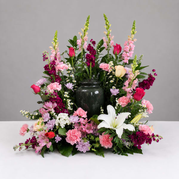 Large floral arrangement with pink, purple, and white blooms in a dark vase