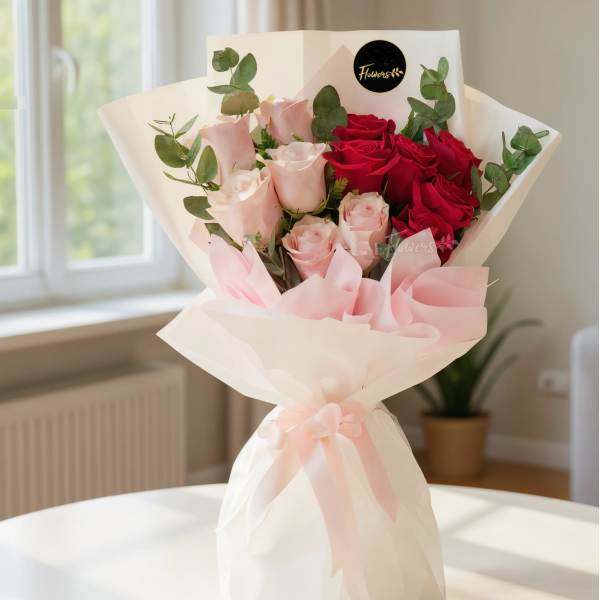 Bouquet of red and pale pink roses wrapped in white paper with a pink ribbon