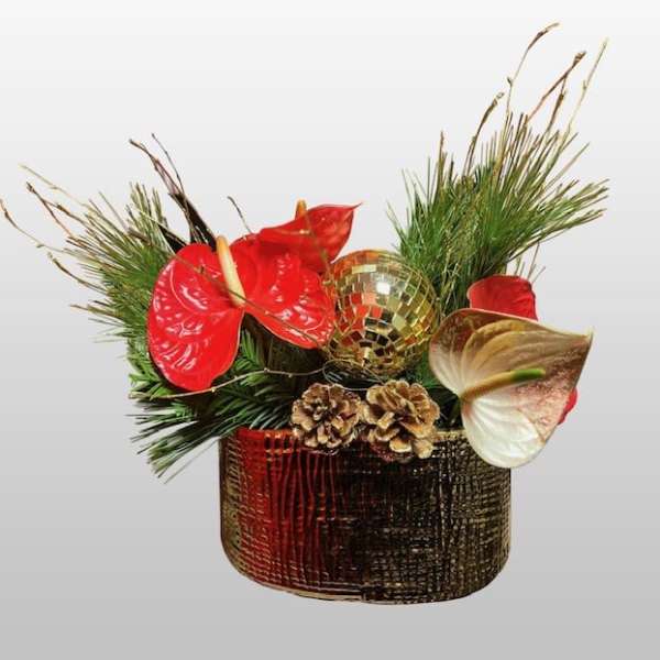 Holiday arrangement with red anthuriums, pine, pinecones, and a gold ornament in a textured container
