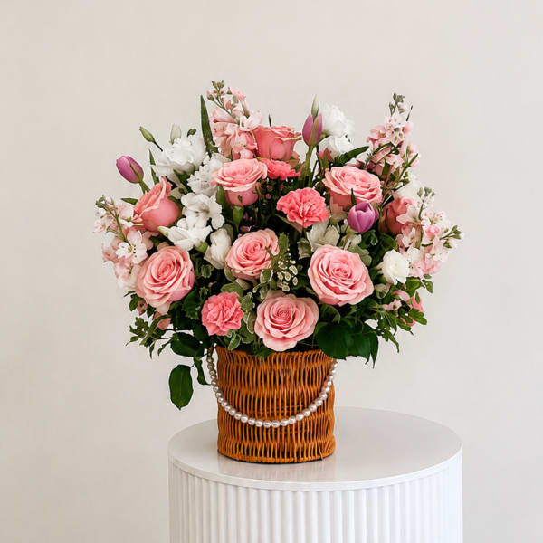 Pink and white flower arrangement in a wicker basket with a pearl garland