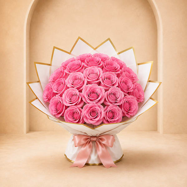 Bouquet of pink roses wrapped in white paper with a pink ribbon
