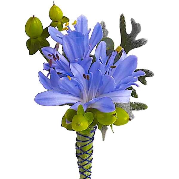 Blue flower boutonniere with green accents and wrapped stem