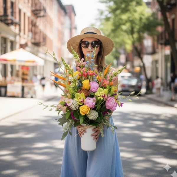 Woman holding a large colorful bouquet in a white vase