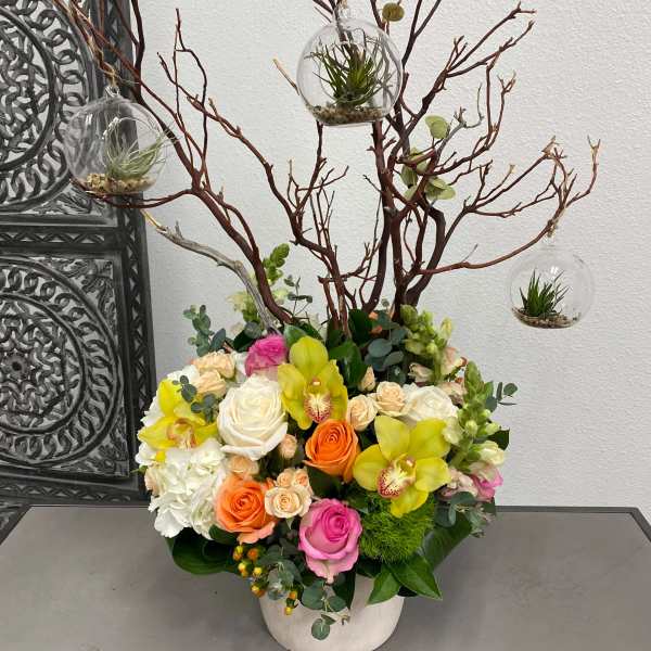 Manzanita Branch with Orchids – Green Cymbidium Orchids, Roses & Terrarium Orbs