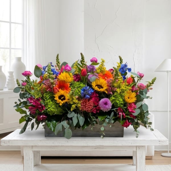 Box of Spring – Vibrant Sunflowers & Mixed Lily Floral Centerpiece