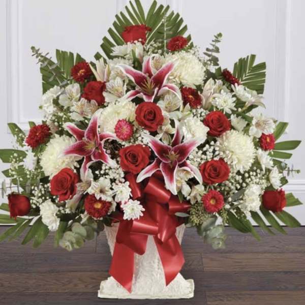 Red & White with Stargazer Lilies Pedestal Arrangement