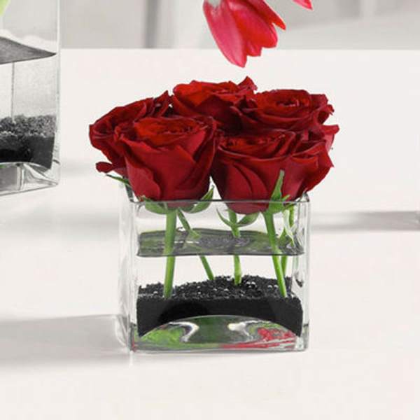 Red roses in a clear square glass vase with black stones